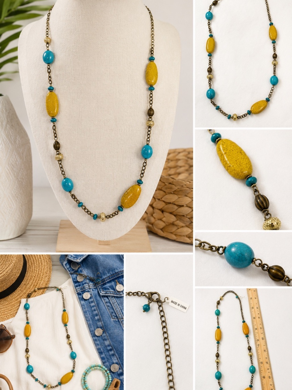 Premier Designs Turquoise and Mustard Bead Long Necklace